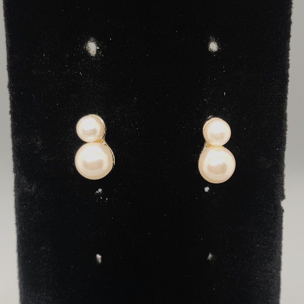 Petite Gold Tone Double Faux Pearl Stacked Stud Earrings Cream Blush
